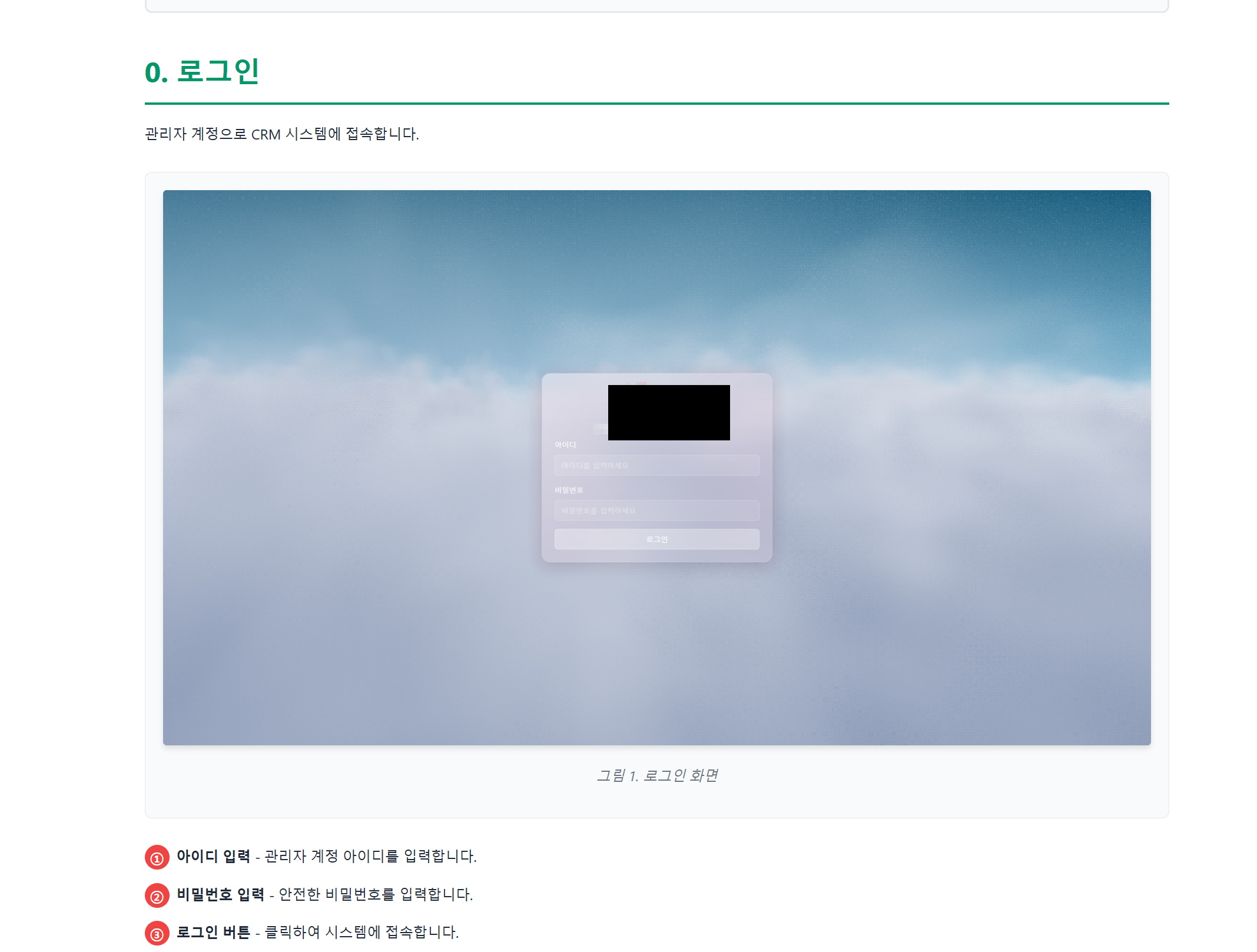 비주얼 가이드 관리자 로그인 화면 - 번호 티커로 입력 필드와 버튼 위치를 표시