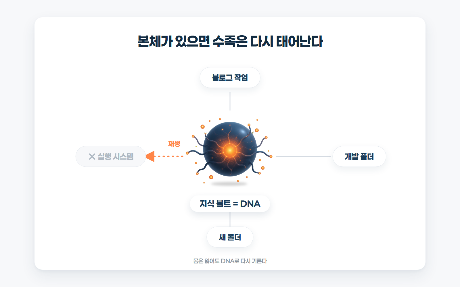 지식 볼트(DNA)를 중심으로 실행 시스템, 블로그 작업, 개발 폴더가 연결되고, 죽은 시스템이 재생 화살표로 되살아나는 허브 도해