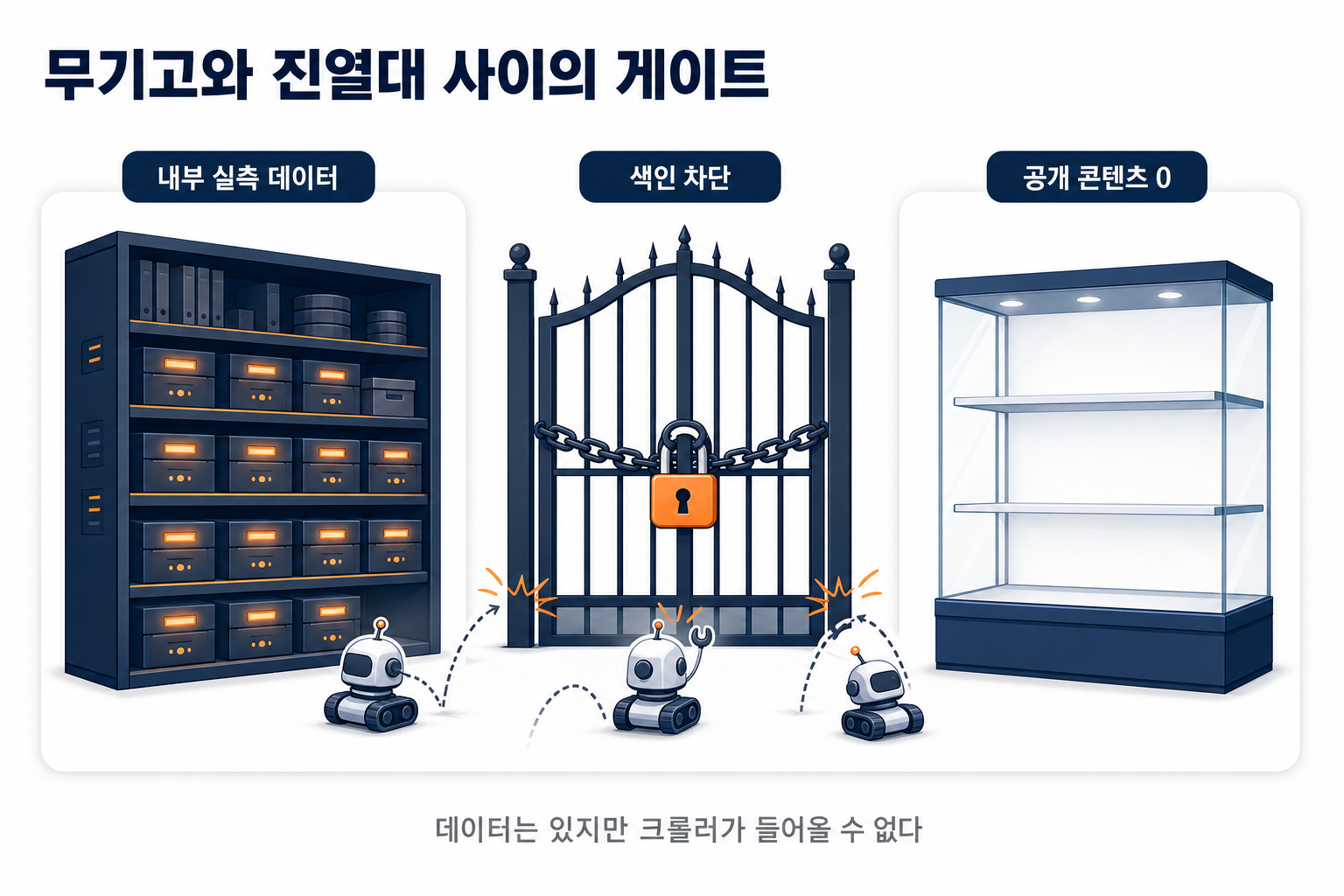 가득 찬 내부 데이터 무기고와 텅 빈 공개 진열대 사이에 잠긴 게이트(색인 차단)가 놓인 도해. 데이터는 있으나 공개도 크롤도 안 되는 상태